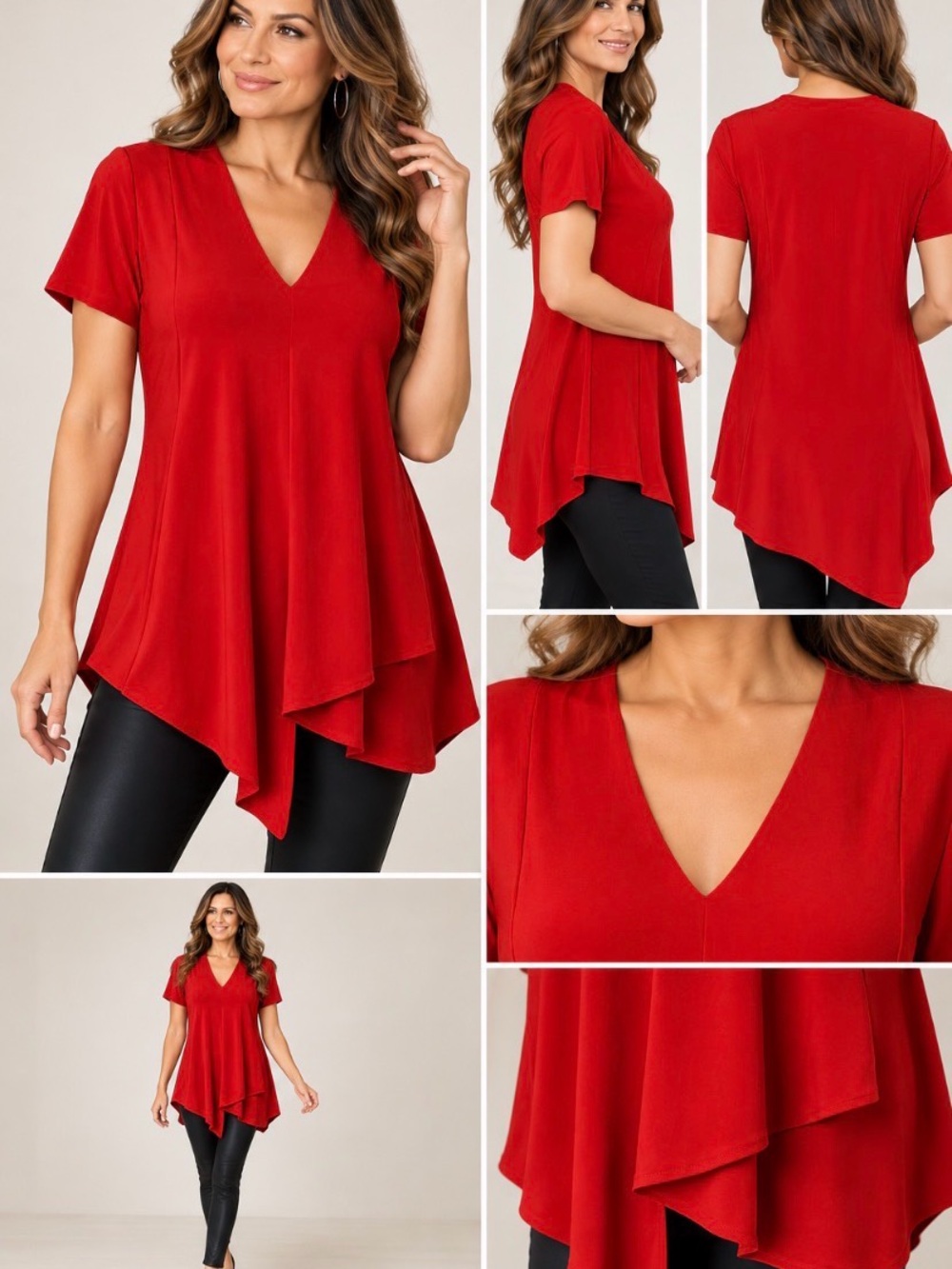Joseph Ribkoff Red Asymmetrical V-Neck Tunic Top Short Sleeve Size 8